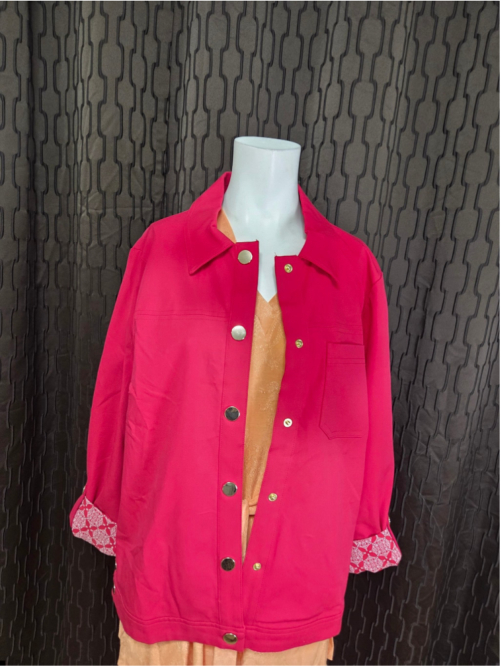 Women's Chico's Jacket Size M Pink White Patterned Cuffs Size 12/14